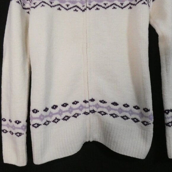 DENVER HAYES | small | Ivory Chenille Zip-Up Cardigan with Purple Pattern | NWOT - Picture 7 of 14